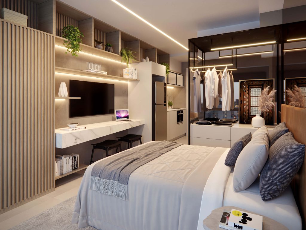 Interior de um apartamento studio moderno para investimento em São Paulo